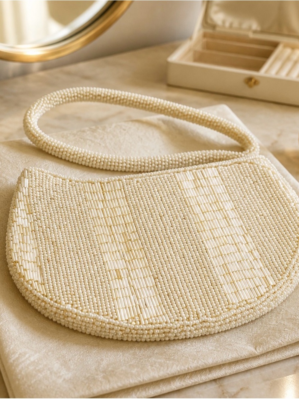 Vintage Bijoux Terner Cream Beaded Crescent Wristlet